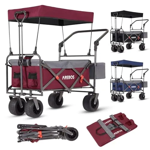 Arebos Bollerwagen faltbar mit Dach - Luxus Handwagen für Outdoor Aktivitäten - Gepäckwagen mit XXL Tasche, 360° drehbaren Offroad-Rädern und bis zu 100 kg Tragkraft - ideal für Camping, Grillpartys und Freizeitaktivitäten.