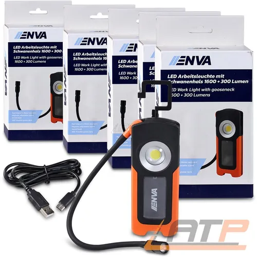 5x ENVA LED WERKSTATT LAMPE ARBEITSLEUCHTE MIT SCHWANENHALS 1600+300 LUMEN AKKU