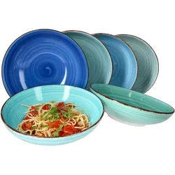 6er Set Spaghetti-Teller Blue 23,5cm - Maritimes Design - Teller Set für 6 Personen, ideal für Spaghetti & Pasta. Aus Steingut in 6 Blau-Tönen mit gestreiftem Muster. Perfekt für jede gedeckte Tafel und als Geschenkidee.