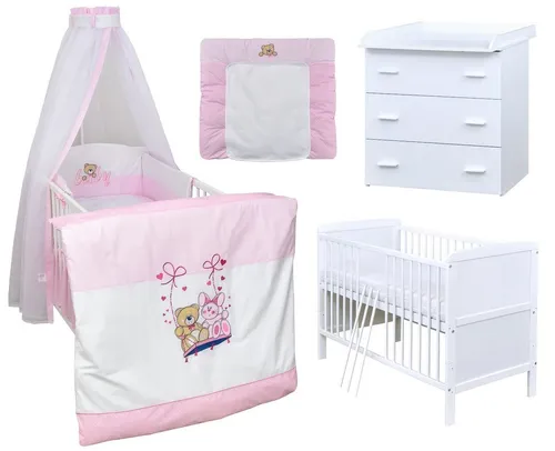 Baby-Delux Babyzimmer-Komplettset Babyzimmer 140x70 weiß Komplettset, (13-tlg), Babybett Wickelkommode Bettwäsche Set Komplettzimmer