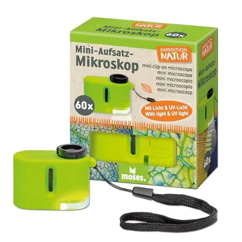 Moses. Expedition Natur Mini-Aufsatz Mikroskop, 60-fache Vergrößerung mit LED- & UV-Licht, Taschenmikroskop für Kinder zum Natur entdecken & Forschen, inkl. Batterien