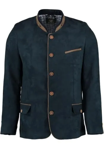 OS Trachten Herren Trachtensakko Janker Frura, Größe 50, marine - Trachtenjacke mit Slim Fit und Stehkragen, ideal für festliche Anlässe. Hochgeschlossen mit 2 Pattentaschen und edler Stickerei.