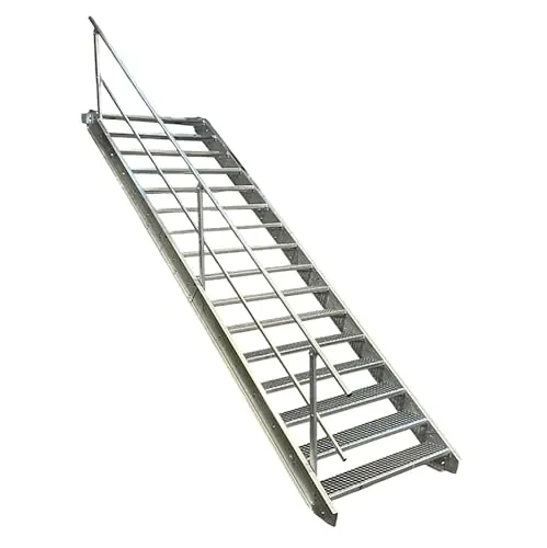 Stufen Stahltreppe mit einseitigem Geländer/Breite 90cm Geschosshöhe 274-340cm / Robuste Außentreppe/Wangentreppe/Stabile Industrietreppe für den Außenbereich/Inklusive Zubehör 16