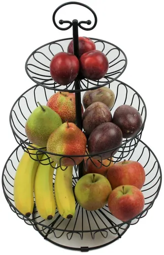 Auroni filigrane Obst Etagere 3 stöckig rund - Schwarz-Matt - Obstkörbe: Dekorative 3-stöckige Etagere aus Metall, ideal für eine stilvolle Präsentation von Obst und Gemüse, schafft Platz auf der Arbeitsplatte und ist ein echter Hingucker in jeder Küche.