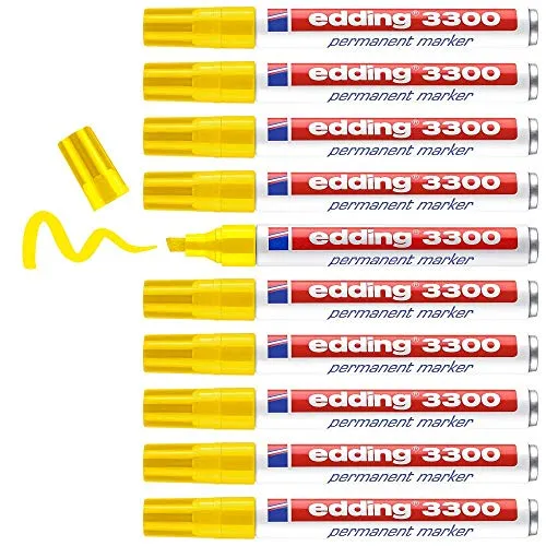 edding 3300 Permanentmarker - Gelb, 10 Stifte - Permanent-Marker für Karton, Kunststoff, Holz und Metall. Schnelltrocknend, wischfest und wasserfest – ideal für kreative Projekte und Beschriftungen.