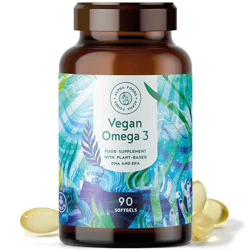 Omega 3 Vegan | Hochdosiert aus Algenöl | 1500mg pro Tagesdosis mit EPA 225mg und DHA 450mg | 90 vegane Softgel-Kapseln | leicht zu schlucken | für Veganer geeignet, nachhaltig | Alpha Foods