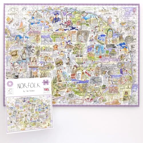 Komische Karte von Norfolk von Tim Bulmer – 1000-teiliges Puzzle für Erwachsene, großes Puzzle 66 cm x 50 cm groß. Anspruchsvoll zu bewältigen, Aber lustig und humorvoll