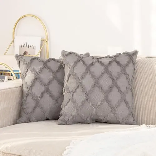 Ci & Ci 2er Set Boho Deko Kissenbezug 45x45 cm, Grau Kissen Sofakissen Dekokissen Zierkissen, Flauschig Kissenbezüge Kissenhülle für Sofa Couch