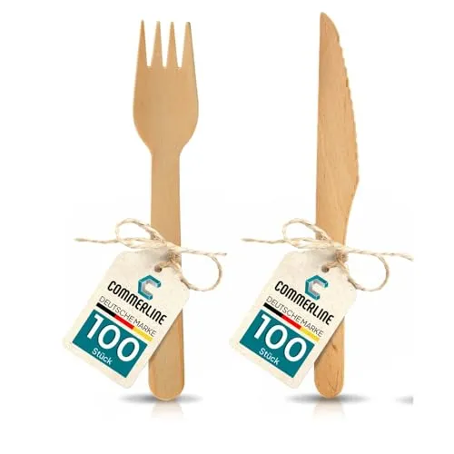 Holzgabeln + 100 Holzmesser Set | 200 Stück Einweg Besteck Set | Einweggeschirr Set aus Holz | Einwegbesteck Holzbesteck Holzgeschirr (100 Gabeln & 100 Messer) 100