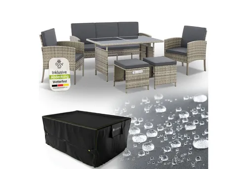 Juskys Polyrattan Gartenmöbel Sitzgruppe Turin - 6-teiliges Set für 7 Personen - Stylische 6-teilige Polyrattan Sitzgruppe Turin in grau-meliert für den Außenbereich. Bequeme Auflagen und wetterfeste Materialien sorgen für entspannte Stunden auf der Terrasse oder dem Balkon.