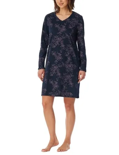 Uncover by Schiesser Damen Langarm-Nachtwäsche Nachthemd - Nachtblau - Elegantes Nachthemd für Damen mit V-Ausschnitt, ideal für gemütliche Nächte und ein Hauch von Luxus in der Nachtwäsche.
