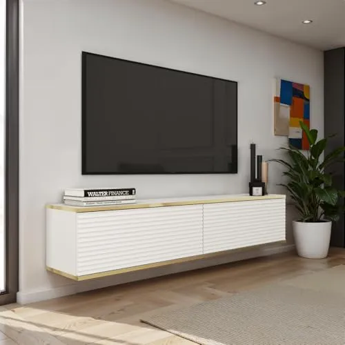 Komodee Banff TV135 MDF - Moderner TV Schrank in Weiß Matt und Eiche Artisan - TV-Halterungen mit Push-to-Open-System für einfachen Zugriff. Drei Fächer und stilvolle schwarze Metallbeine bieten praktische Aufbewahrung und industriellen Charme.