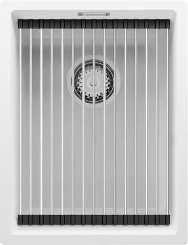 PRIMAGRAN Spülbecken Weiß 36x47cm - Granitspüle mit Abtropffläche - 1 Becken Spüle für Unterschränke ab 40 cm, kratzfest und mit XL-Becken für große Küchenutensilien. Inklusive Ablauf-Set und aufrollbarer Abtropffläche für effizientes Arbeiten.