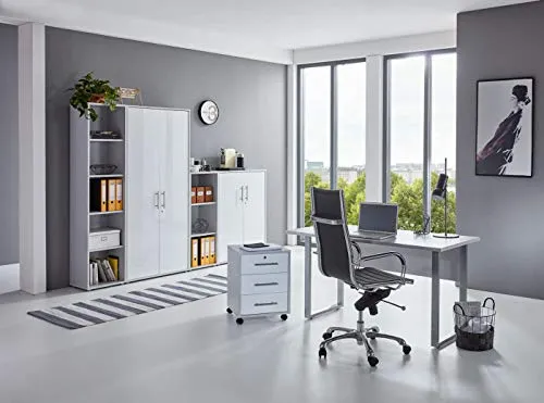 BMG-Moebel.de Büromöbel Set Office Edition Mini in Lichtgrau/Weiß Hochglanz - Komplettprogramm für Arbeitszimmer mit Schreibtisch, Rollcontainer, Aktenschränken und Regal. Hochwertige Verarbeitung und optional elektrisch höhenverstellbarer Schreibtisch für ergonomisches Arbeiten.