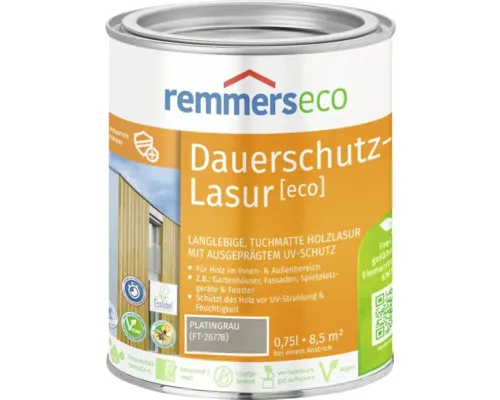 Remmers Holzschutzlasur ECO Dauerschutz Lasur 0,75 LTR grau - Hochwertige Holzschutzlasur in Platingrau, ideal für den Schutz von Holzoberflächen. Bietet langanhaltenden Schutz und ist einfach aufzutragen.