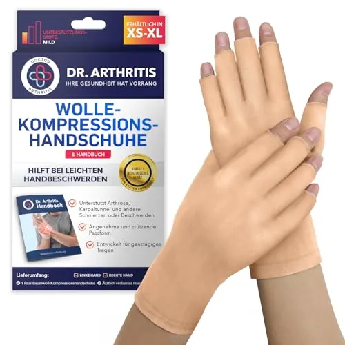Dr. Arthritis Von Ärzten Entworfen Damen Arthrose Handschuhe für Neurodermitis, Bequeme Fingerlose Kompressionshandschuhe, Mischung aus Baumwolle, Nylon und Elasthan, 1 Paar, Beige, M
