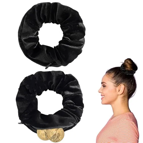 BinXiaoQin 2 Stück Haargummis mit Geldversteck, Schwarz Haargummis Mädchen Samt Haarreif, Haarschmuck Mädchen Scrunchie Haarbänder für Damen, Kinder