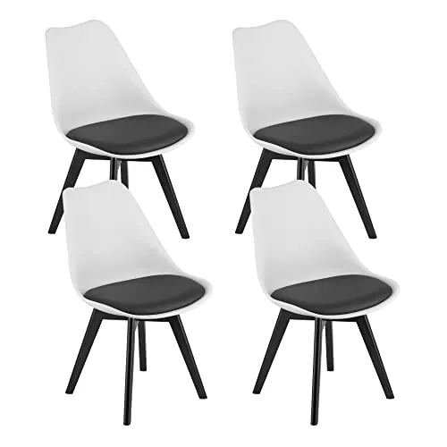 Home Collective 4er Set Esszimmerstuhl Stuhl Wohnzimmerstuhl, in insgesamt 11 Farben, 4X Weiss mit schwarzem Polster mit Vollholzbeinen in schwarz, bequemer & Stabiler Schalenstuhl