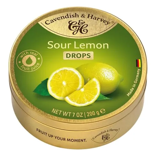 Cavendish & Harvey Sour Lemon Drops 200g Dose | Zitrone | Fruchtige Hartkaramelle Bonbons | Mit echtem natürlichen Fruchtsaft | Vegan, Halal, Koscher | 1 x 200g