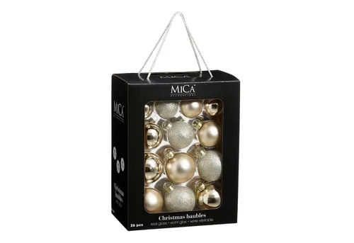 Mica Decorations Weihnachtsbaumkugel Set - 26 Stück aus Glas, Ø7 cm - Verschönern Sie Ihren Weihnachtsbaum mit dem Mica Decorations Set! 26 stilvolle Glaskugeln in cremigen Farbtönen, ideal für eine festliche Atmosphäre. Kombinierbar mit weiteren Dekorationen für einen einzigartigen Look.