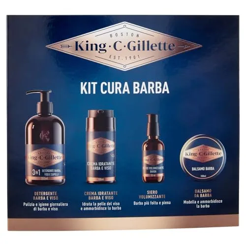 King C. Gillette Bartpflege-Set für Herren, täglicher Duft, 3-in-1-Reiniger für Bart und Gesicht 350 ml, Balsam 100 ml, Volumenserum 50 ml und Feuchtigkeitscreme 100 ml