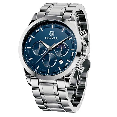 BY BENYAR Uhren Herren Edelstahl Armbanduhr Herren Chronograph Analog Quarz Wasserdicht Herrenuhr Leuchtende Datum Mode Lässig Business-Kleid Uhren Elegantes Geschenk fur Männer
