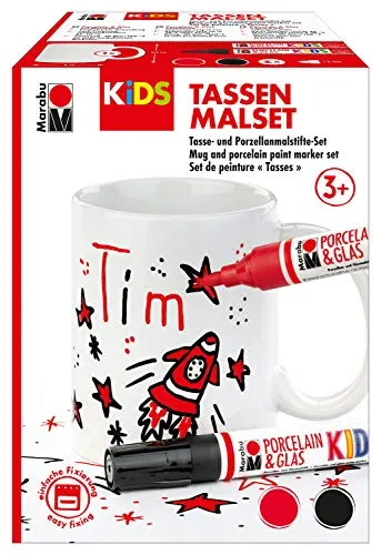 Marabu 0125000000102 - KiDS Porcelain & Glas Painter, Tassen Malset Tim, Kreativset für Jungen mit einer weißen Tasse und 2 Porzellanmalstiften in rot und schwarz
