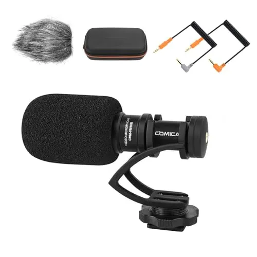 COMICA CVM-VM10II Cardioid Richtmikrofon Kamera Mikrofon, 3.5mm TRS/TRRS Shotgun Mikrofon mit Wind Muff, Stoßdämpfung Shock Mount, für Camera, DSLR-Kameras, Camcorder, Handy, Smartphones (Schwarz)