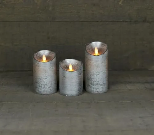 Coen Bakker 3er Set Kerze LED Echtwachskerze 10 cm + 12,5 cm + 15 cm Kerze Ø 7,5 cm viele Farben mit Timer flackender Docht Wachskerze Kerzen, Farbe:Silber