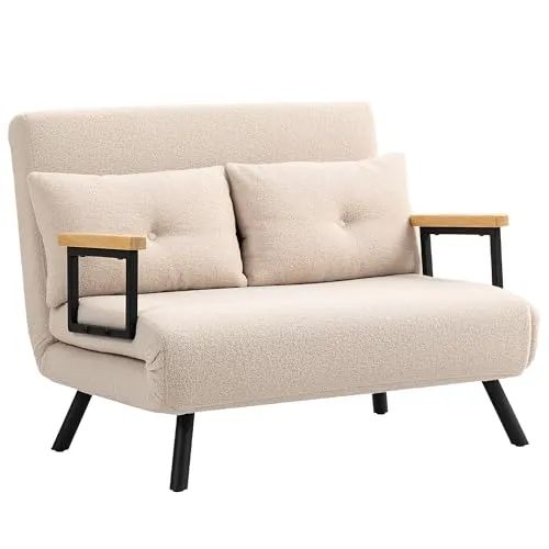 HOMCOM Schlafsofa 4 in 1 2 Sitzer Sofa mit Schlaffunktion, 183 x 98,5 cm Klappbar Couch Schlafcouch mit 5-stufig Verstellbarer Rückenlehne, Lendenkissen und Fleece-Optik für Wohnzimmer, Beige