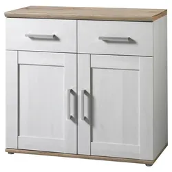 Xora Kommode in Weiß mit Lärche-Optik - Moderne Kommode mit 2 Fächern und 2 Schubladen, ideal für stilvolle Aufbewahrung im Wohnzimmer. Made in EU, kombiniert puristische Eleganz mit natürlichem Charme.