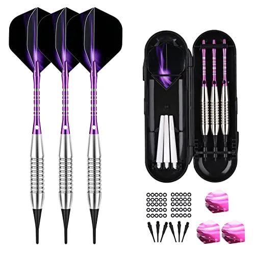 sanfeng Dartpfeile mit kunststoffspitze für Elektronische Dartscheibe 18 Gramm, E Dartpfeile Softdarts Dart Pfeil mit lila Aluminum Schaft 6 Flights 50 Spitzen 50 Anti-Lose Gummiringe