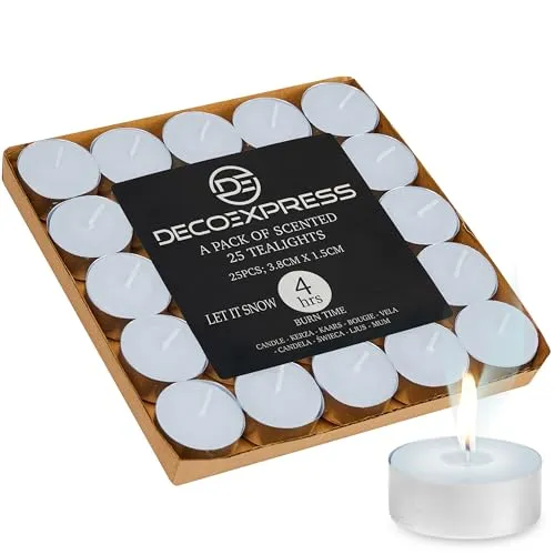 DECO EXPRESS Teelichter Großpackung, 24, 25, 50, 100 oder 200 Teelichter Lange Brenndauer 4, 8 oder 10 Stunden (Schneit es 25/4 Stunden?)