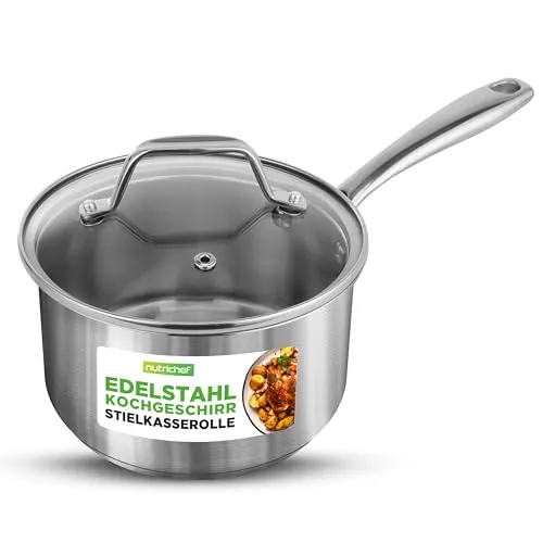 NutriChef Stielkasserolle 16cm/2L – Antihaftbeschichtet mit Glasdeckel
