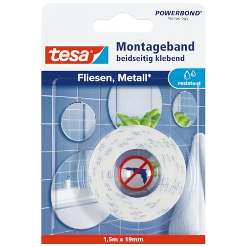 tesa Powerbond Montageband für Fliesen & Metall – stark und feuchtraumbeständig - Das doppelseitige Montageband mit bis zu 10 kg Haltekraft pro Meter ist ideal für glatte Oberflächen. Perfekt für eine bohrfreie Befestigung in der Küche oder im Badezimmer – einfach anzuwenden und stark in der Haftung.