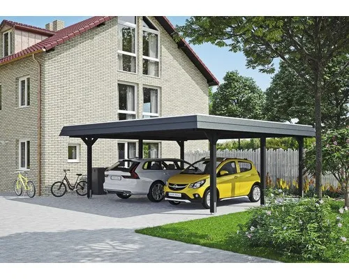 Doppelcarport SKAN HOLZ Wendland mit schwarzer Blende - Hochwertiger Carport mit Flachdach und anthrazitfarbener Blende, idealer Schutz für zwei Fahrzeuge, inklusive Pfostenanker für stabile Befestigung.
