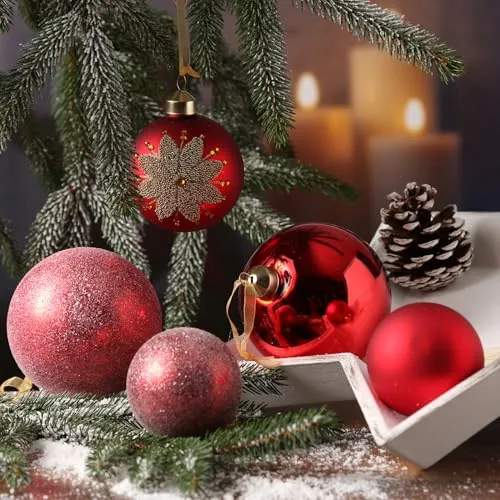 MARELIDA Weihnachtsbaumkugel Set 12 Stück - Glänzend, Matt & Glitzernd in Rot - Weihnachtskugeln - 12er Set aus Glas in 3 Größen - glänzend, matt und glitzernd - ideal für festliche Dekoration im Wohnraum und Adventsarrangements.