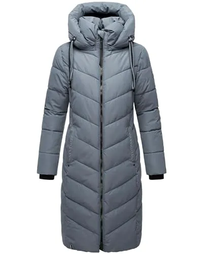 Navahoo Damen Wintermantel - Warmer Langer Steppmantel mit Abnehmbarer Kapuze - Funktionsjacke, eleganter Puffermantel mit modischer V-Steppung, ideal für kalte Tage dank dickem Futter und hochschließendem Kragen für extra Wärme.
