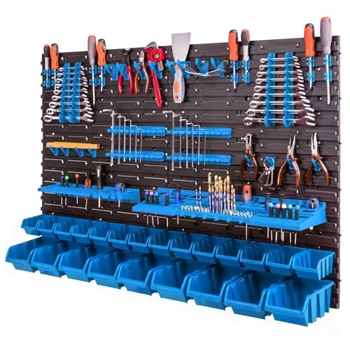botle Wandregal für Werkzeuge 115x78cm 23 Stapelboxen Werkzeughalter Kunststoff Organisation und Ordnung in Garage und Werkstatt Aufbewahrung von Werkzeugen Werkbank Lagersystem Blau