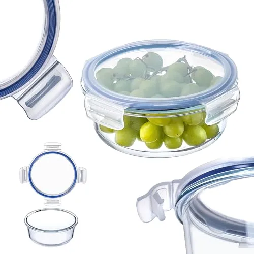 KADAX Glasbehälter mit Deckel, Lebensmittelbehälter, Spülmaschinenfester Lebensmittelbehälter, Verschließbare Frischhaltedose, Aufbewahrungsbehälter (Rund 950ml)