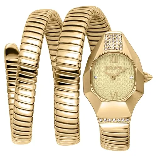Just Cavalli Chronograph Damen-Uhr – Elegante Analoguhr mit Quarz-Antrieb - Stilvolle Damen-Armbanduhr mit ovalem Gehäuse und goldfarbener Optik. Diese trendige Uhr ist wasserdicht bis 3 bar und perfekt für jeden Anlass.
