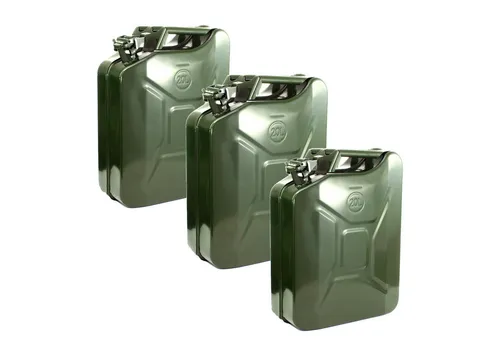 Holmwerk Kanister Set (3er Set) - Metallkraftstoffkanister - 3er Set 20L Metallkanister in Nato Oliv, ideal für Benzin und Diesel. Leicht und stabil mit nur 3600g, ausgestattet mit Ausgießer und Sicherheitsaufklebern für sicheres Befüllen.