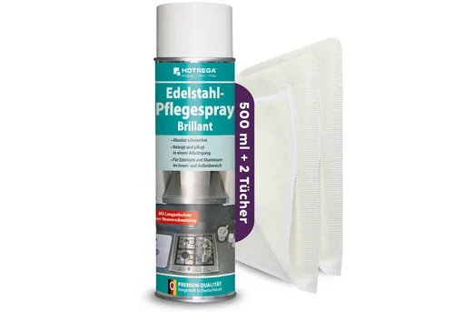 HOTREGA Edelstahl Pflegespray Brillant 500 ml SET mit Microfasertüchern - Reinigungsmittel für Edelstahlflächen, reinigt und schützt in einem Schritt, reduziert Fingerabdrücke und erzeugt streifenfreien Glanz – inklusive 2 Microfasertücher für optimale Anwendung.
