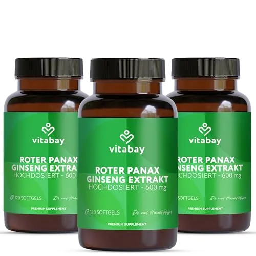 Vitabay Roter Panax Ginseng 600 mg – 360 vegane Kapseln – 3er Pack – Standardisiert auf 20% Ginsenoside – Panax Ginseng Extrakt – Vegan & ohne Zusatzstoffe – Laborgeprüft – Vorrat für 6 Monate