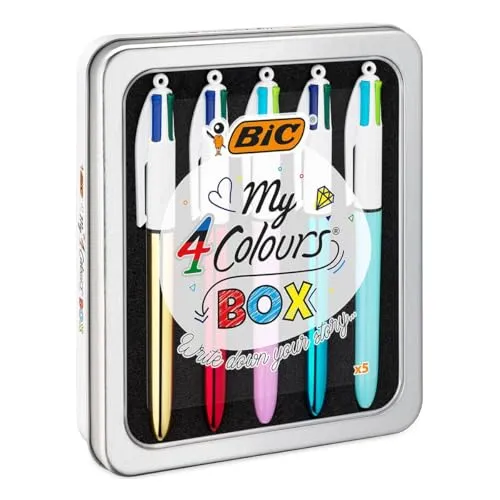 BIC 4 Farben Kugelschreiber Set 4 Colours, 5er Stifte Set in Metallbox mit 3 Colours Shine & 2 Colours Fun Stiften, Geschenkidee für Sammler, My 4 Colours Box, 1 stück (5er Pack)
