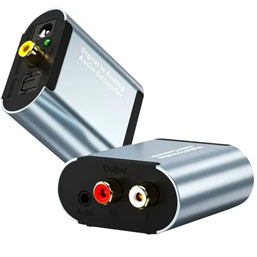 Reagle Digital zu Analog Audio Konverter Adapter mit Toslink & Koaxial Eingang auf Cinch (RCA) & 3,5mm Ausgang Optischer Wandler für TV Verstärker Lautsprecher Plug & Play Silber
