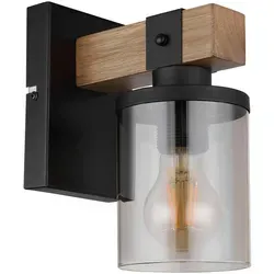 Wandlampe Wandleuchte Wohnzimmerlampe Flurleuchte rauchfarben - Stilvolle Wandleuchte aus Glas, Holz und Metall, ideal für warme Eleganz in Wohnzimmer und Flur. Mit E27-Fassung für flexible Lichtgestaltung und kompakten Maßen perfekt für kleinere Wände.