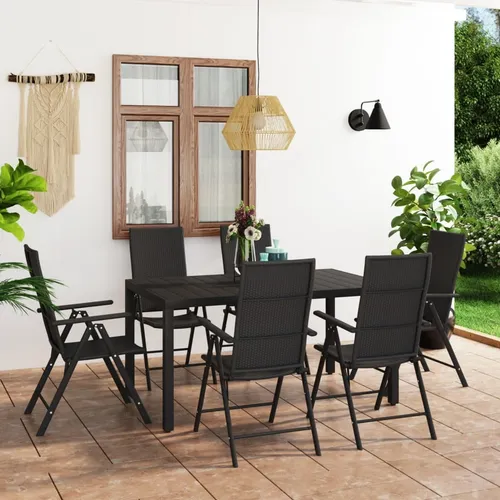 vidaXL 7-tlg. Garten-Essgruppe Schwarz - Gartenmöbel-Set aus witterungsbeständigem PE-Rattan und leicht zu reinigendem WPC, ideal für Terrasse und Garten. Verstellbare Stühle bieten zusätzlichen Komfort.