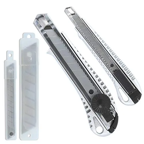 com-four® 2x Cuttermesser mit Ersatzklingen - Teppichmesser mit Aluminiumgriff - Tapetenmesser in 2 Größen - Kartonmesser mit Abbrech-Klingen - scharfe Bastelmesser - Rigipsmesser (Alu - 2 Stück)