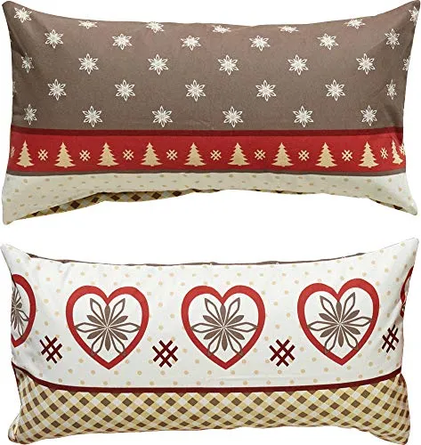 Erwin Müller Kissenbezug, Kissenhülle Flanell Herz, Norweger-Muster braun-rot Größe 40x80 cm - flauschig warm, temparaturausgleichend, pflegeleicht, mit Reißverschluss (weitere Größen)